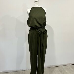 Olive Halter-Neck two piece pantsuit with Waist Tie